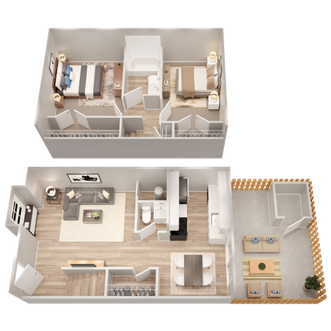 a stylized view of a 2nd and 3rd floor of a house